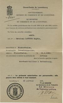 Autorisation d'établissement d'Eugène Lanners, 1938